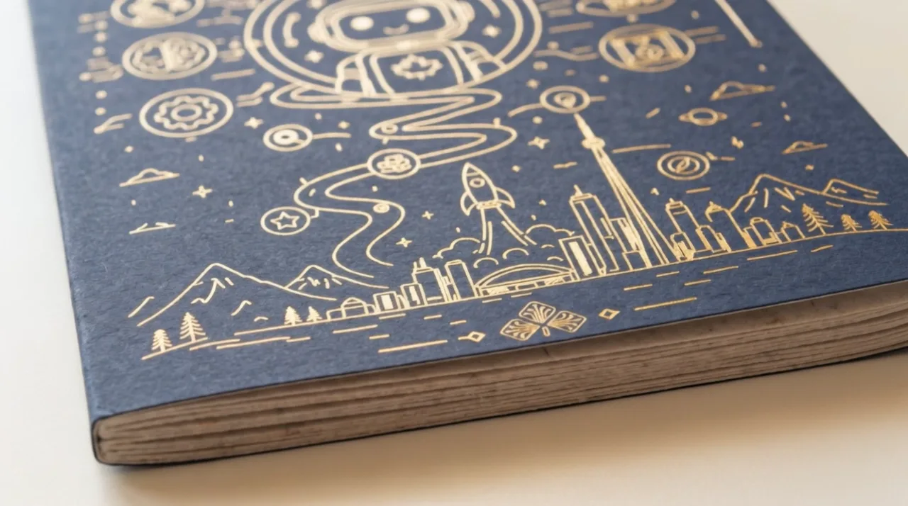 The gold foil skyline, rocket and robot on the navy cover of the Maple Mind Academy Passport, above the edges of its pages.