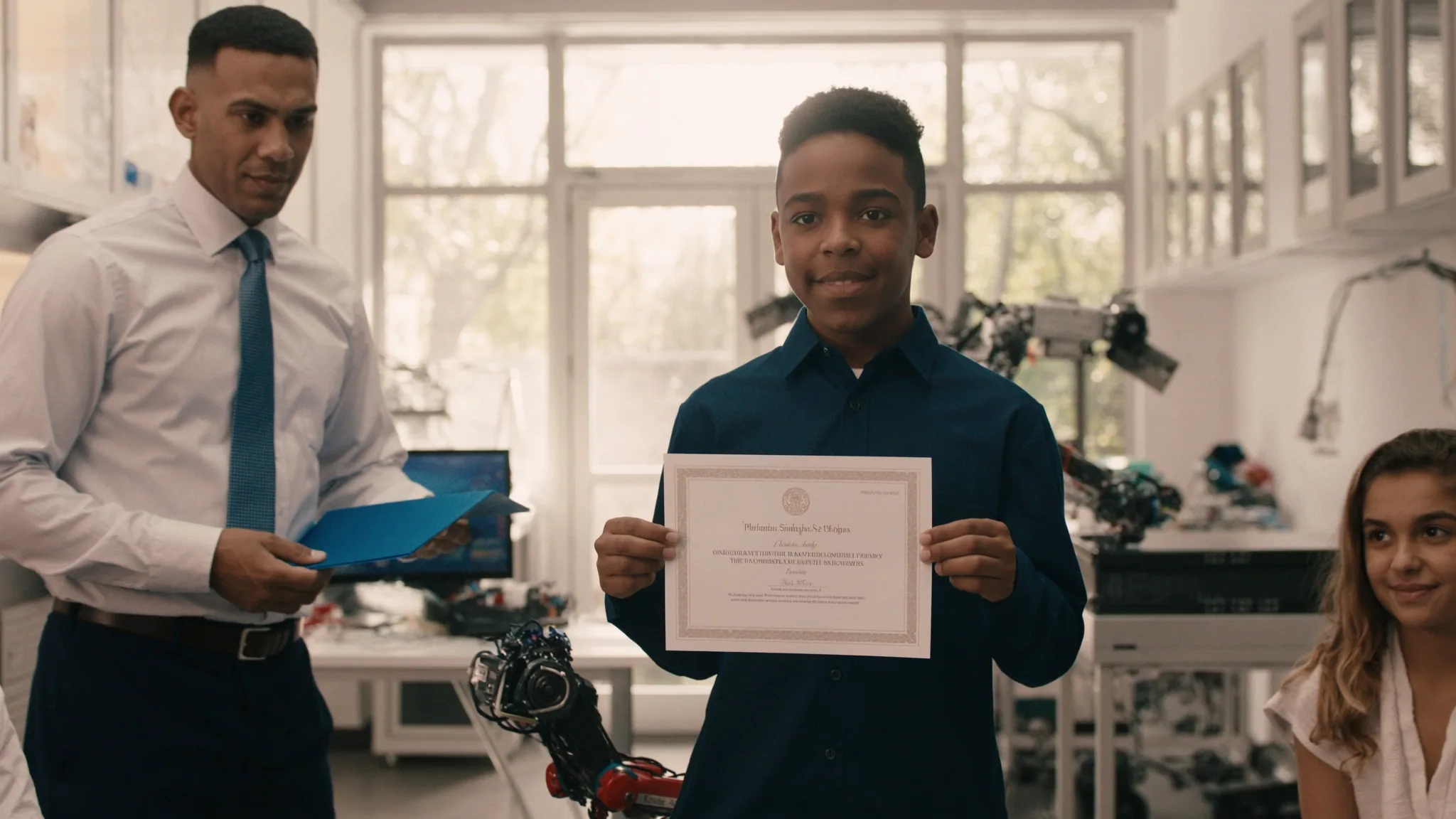 Smiling student holding a certificate in a robotics lab as an adult and classmate look on