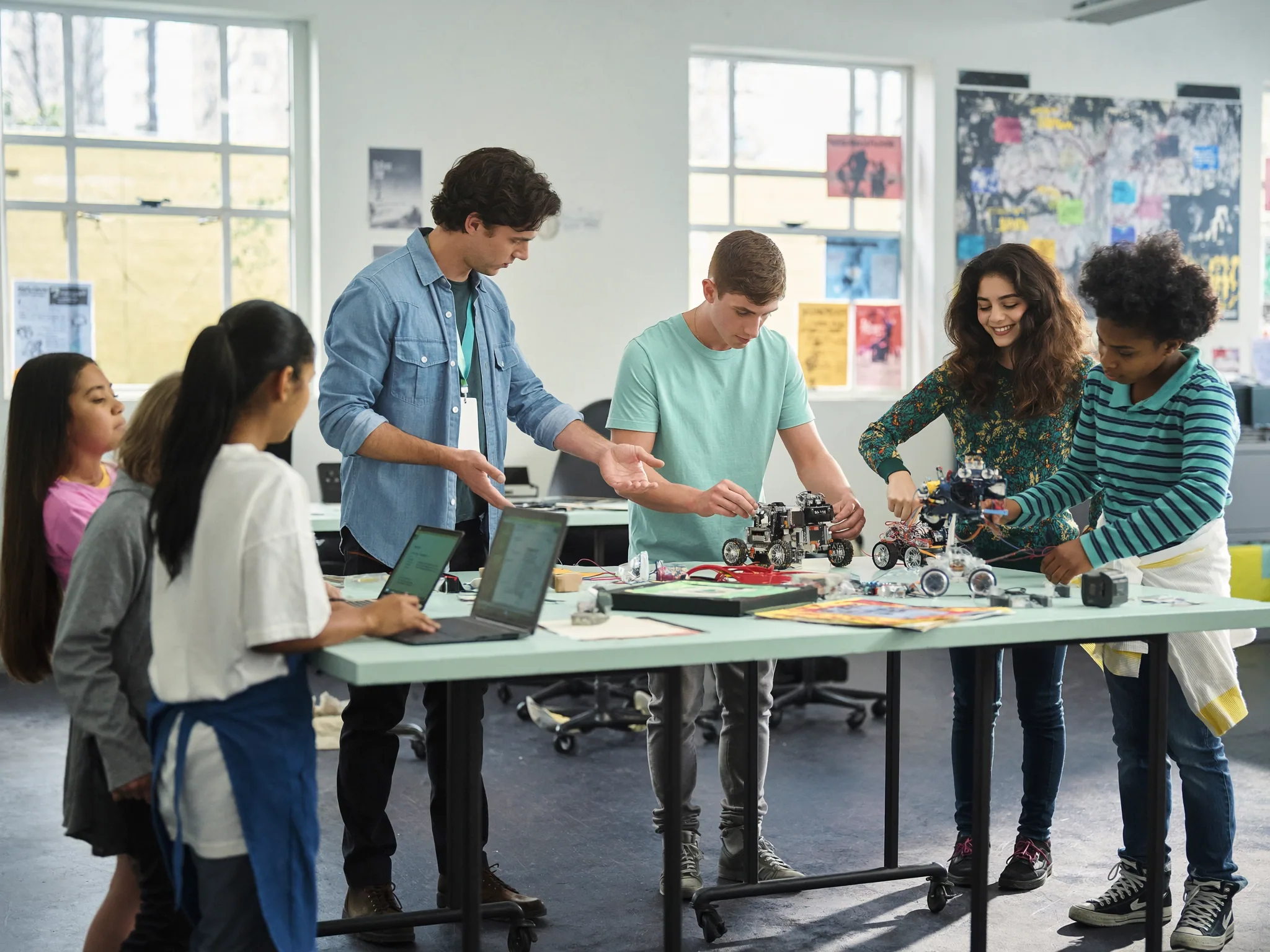 Teens and an instructor working on wheeled robots and laptops around a classroom table
