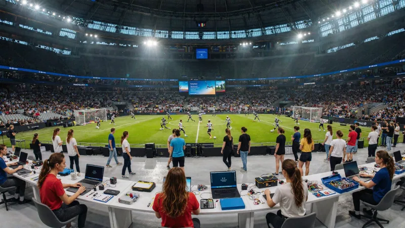 Students at laptop workstations courtside as humanoid robots play soccer in a packed stadium