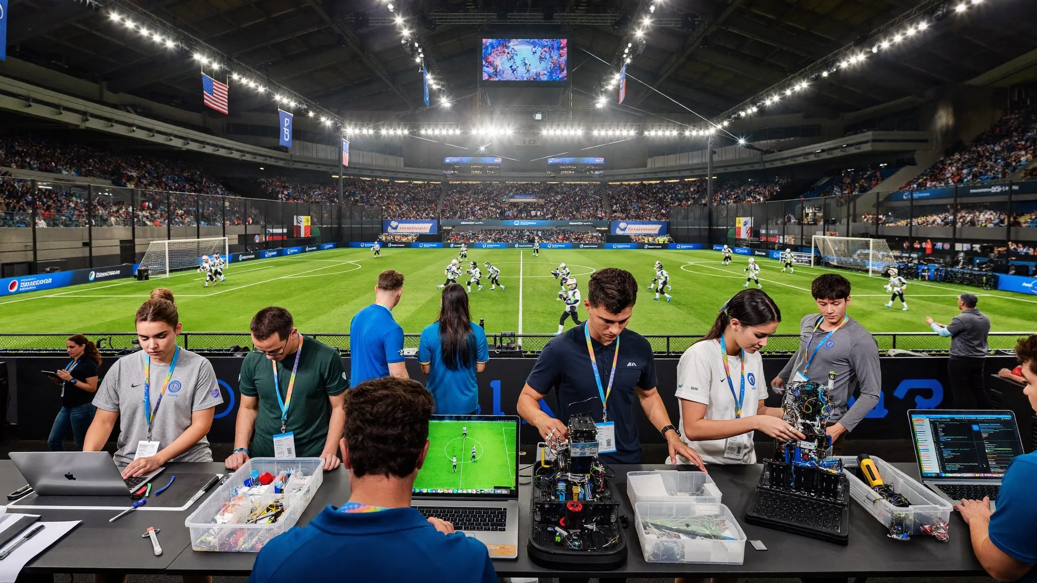 Team members adjusting a robot at a tech table overlooking a robot soccer match in an arena