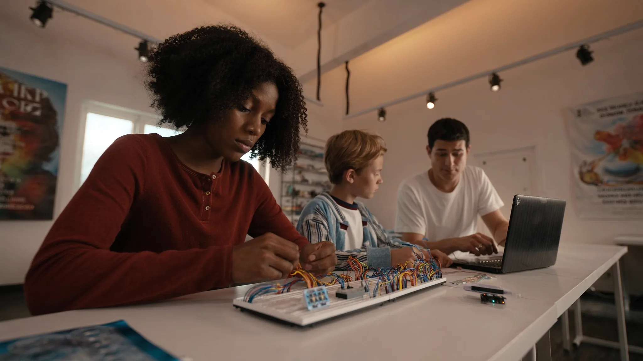 Teen wiring a breadboard while two others work at a laptop in a studio classroom