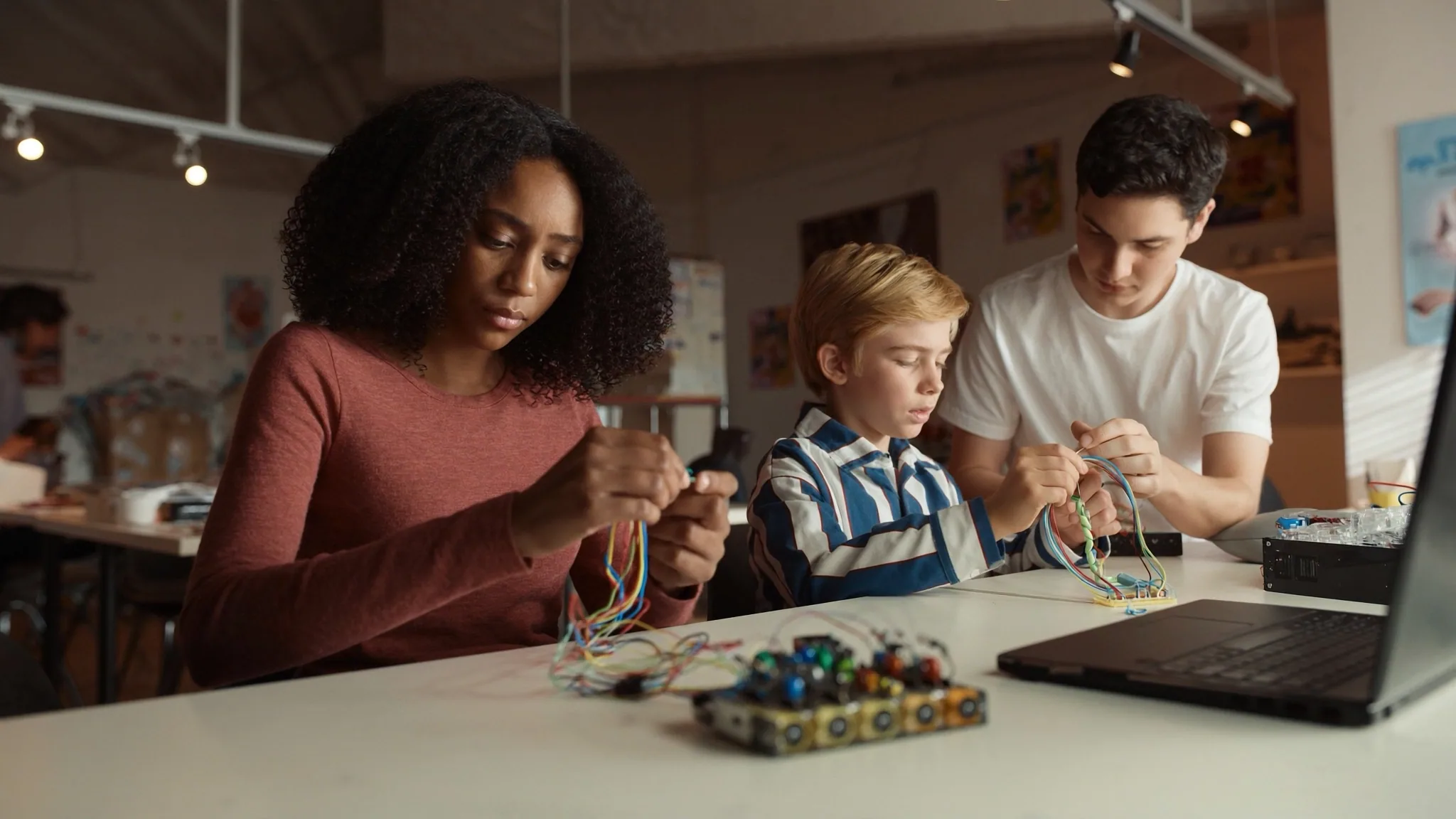 Three students connecting jumper wires to a small electronics board beside a laptop