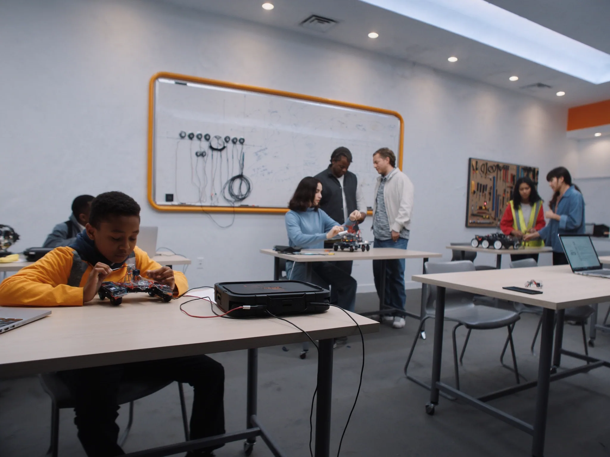 Teens building small robots at classroom tables as instructors look on