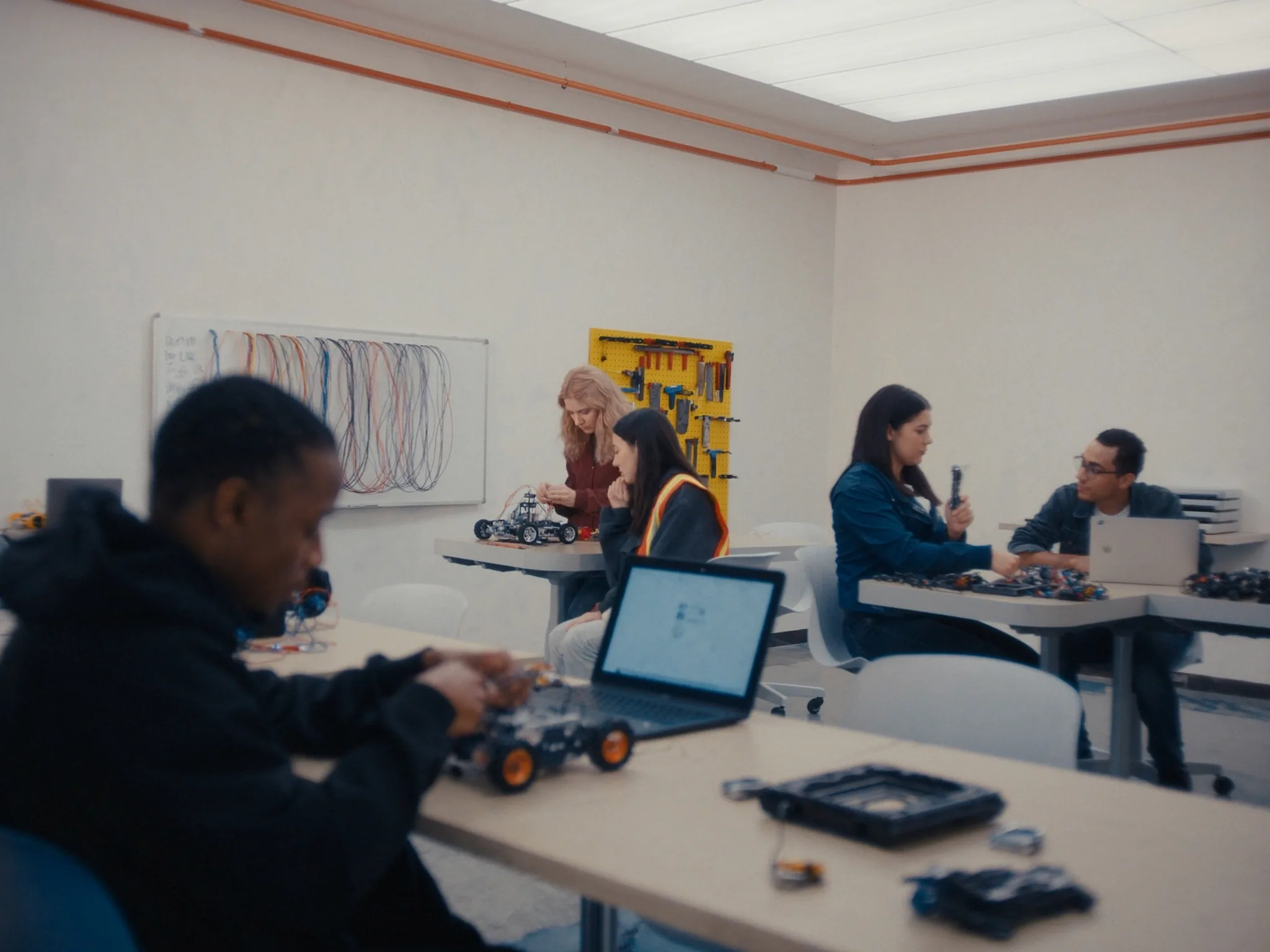 Teen assembling a small wheeled robot at a laptop while others work at nearby tables