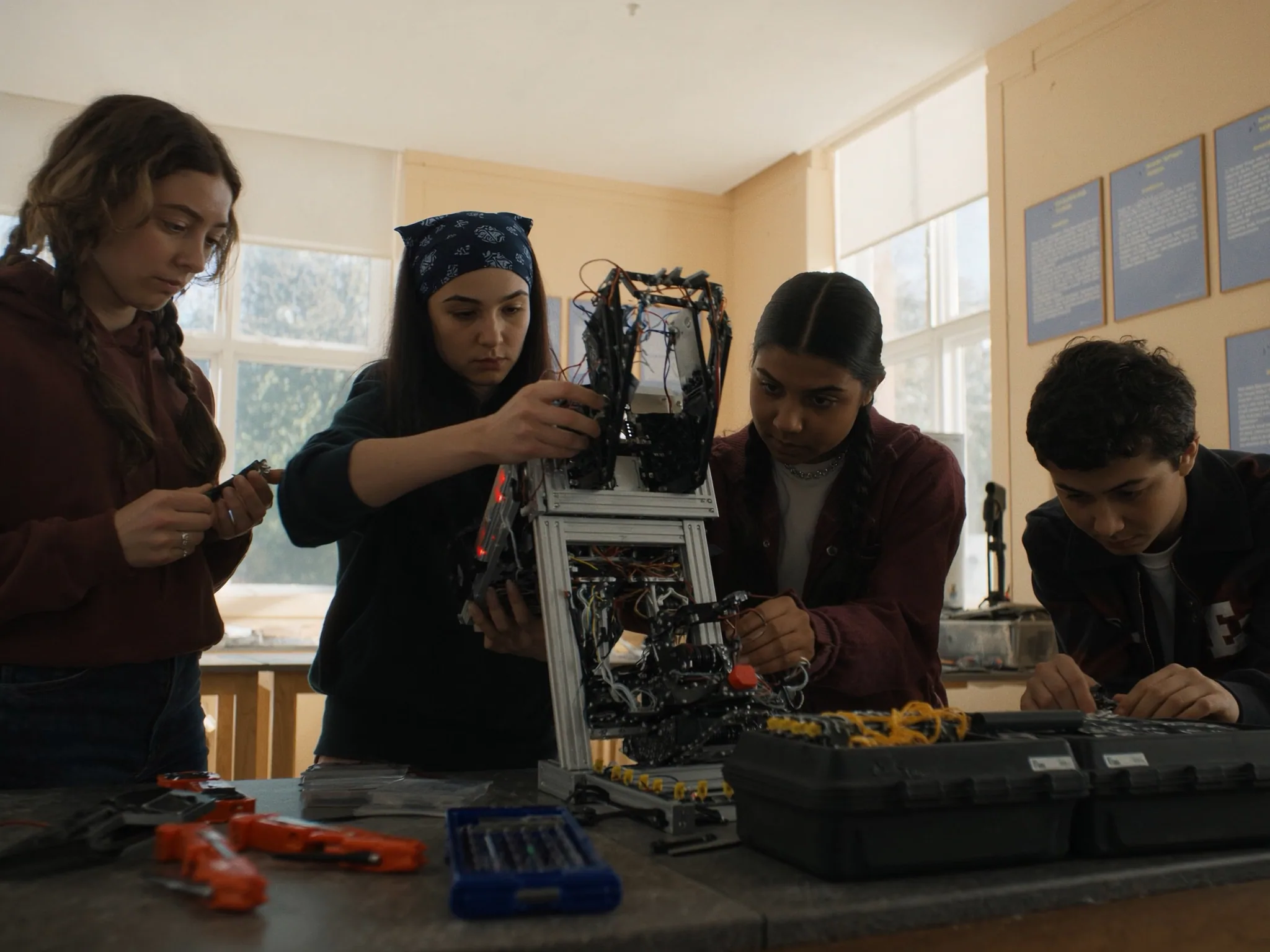 Teens assembling a tall metal competition robot with tools and parts boxes on the bench