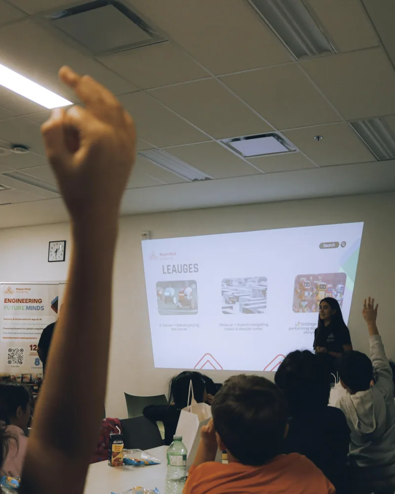 Students raising their hands during a projected slide presentation in a classroom