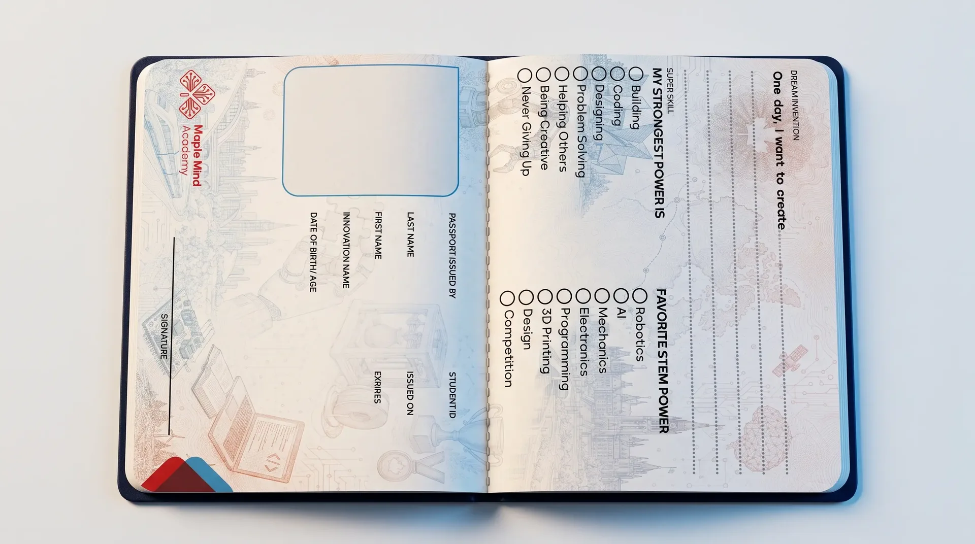 The passport lying open at its first spread: the identity page with its photo window on the left, the dream-invention page on the right.