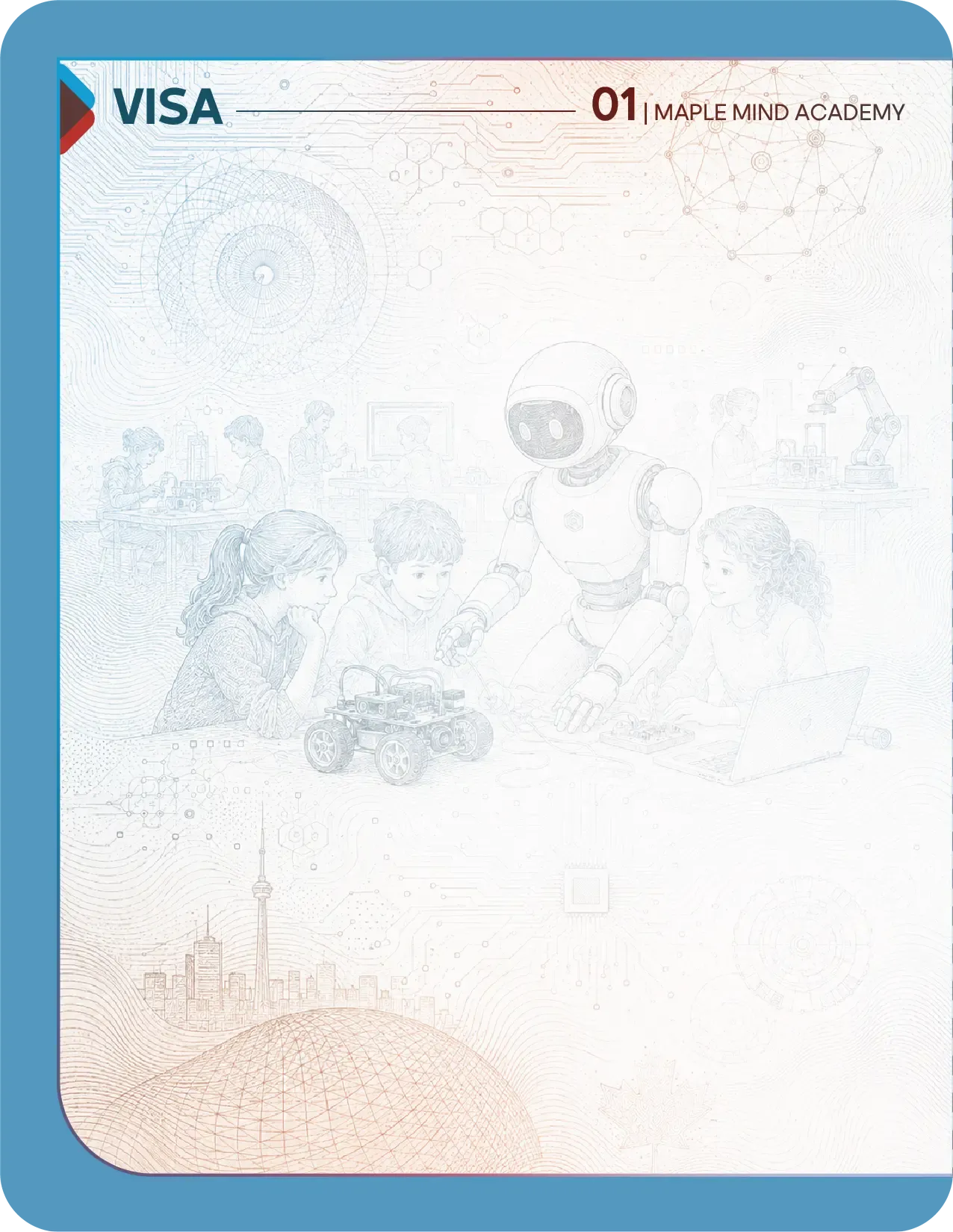 Visa page 01: an open page for stamps, with a soft engraving of children building a robot car beside a humanoid robot and the Toronto skyline.